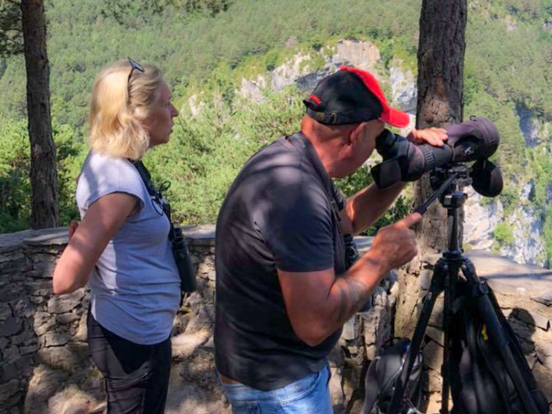 pareja inglesa utilizando prismáticos para ver el quebrantahuesos en Pirineos